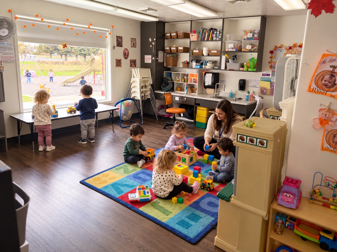 Toddlers building with blocks on the rug with their teacher